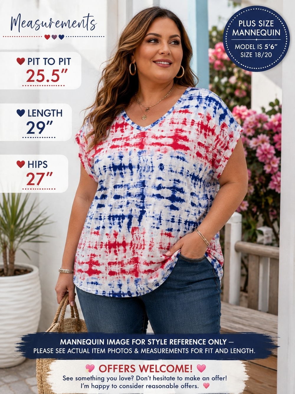 V-Neck Tie-Dye Plus Size Top in Red & Blue - Casual Women's Tee